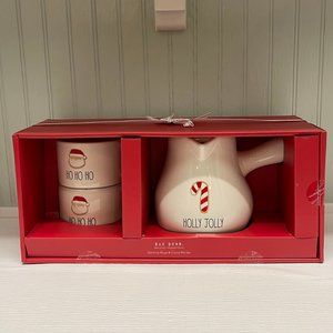 RAE DUNN Stacking Mugs & Cocoa Pot Set  "HOLLY JOLLY" "HO HO HO" NWT